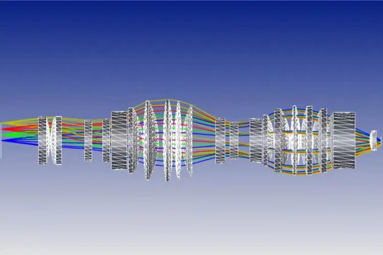 Optical system ray trace showing a multi-element lens architecture