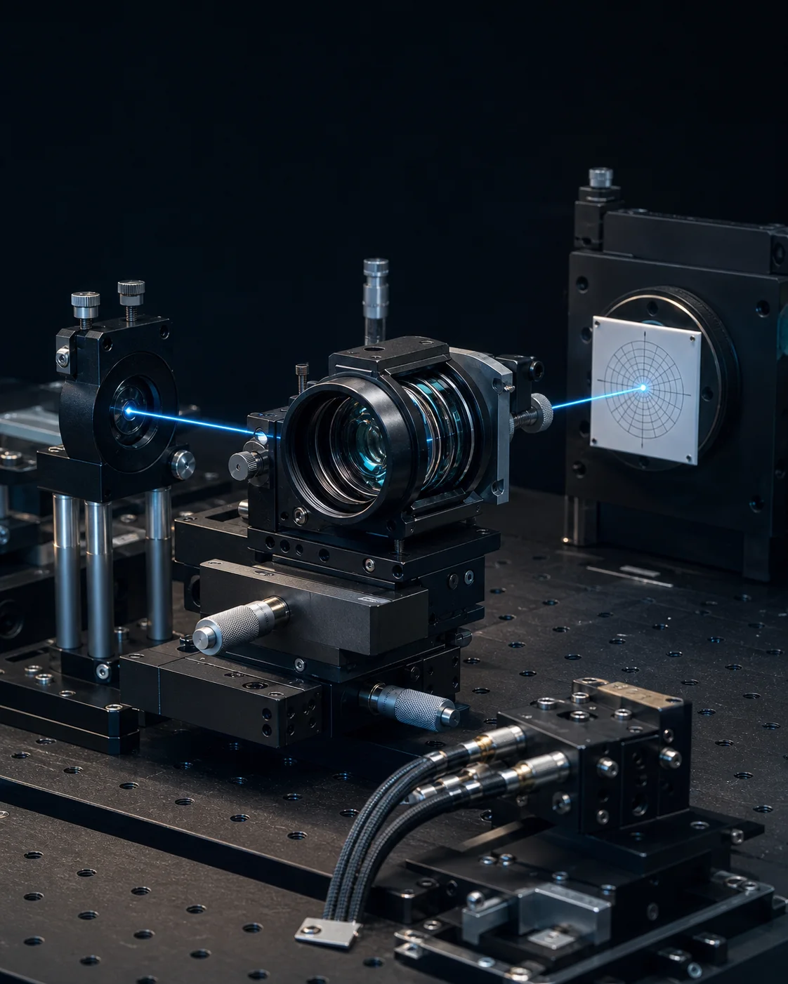 Visualization of a custom optical prototype undergoing alignment and measurement